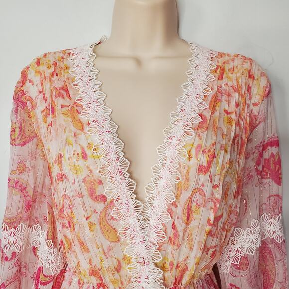Rococo Sand Candy Dress Paisley Print Maxi Dress Chiffon Lace Pink Size Medium - Picture 5 of 12